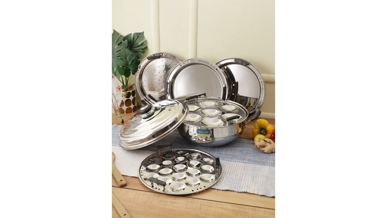 AURUM Silver-Toned Solid Stainless Steel Idli Maker
