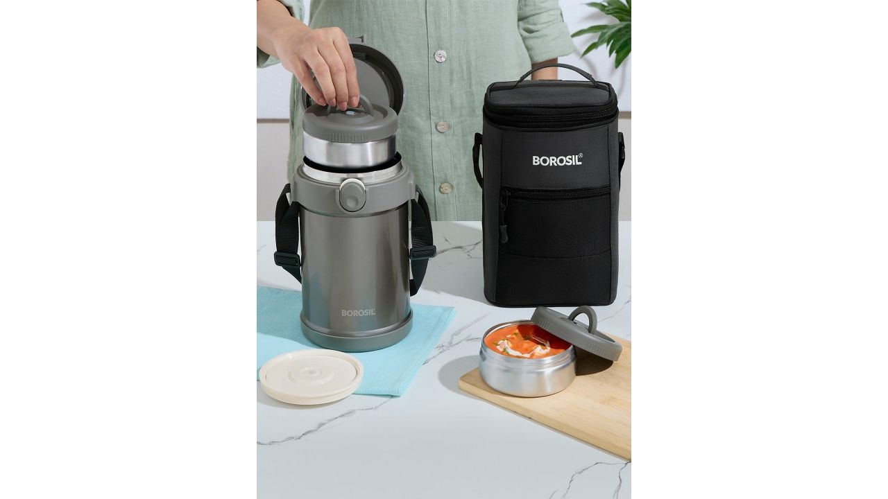 BOROSIL Grey 3 Pieces Stainless Steel Lunch Box with Bag & Foldable Spoon