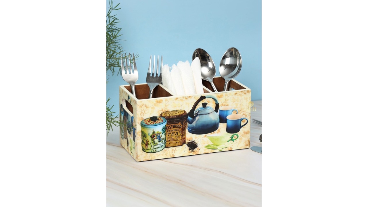 DULIYellow & Blue Printed MDF Wooden Cutlery Holder With 3 Sections