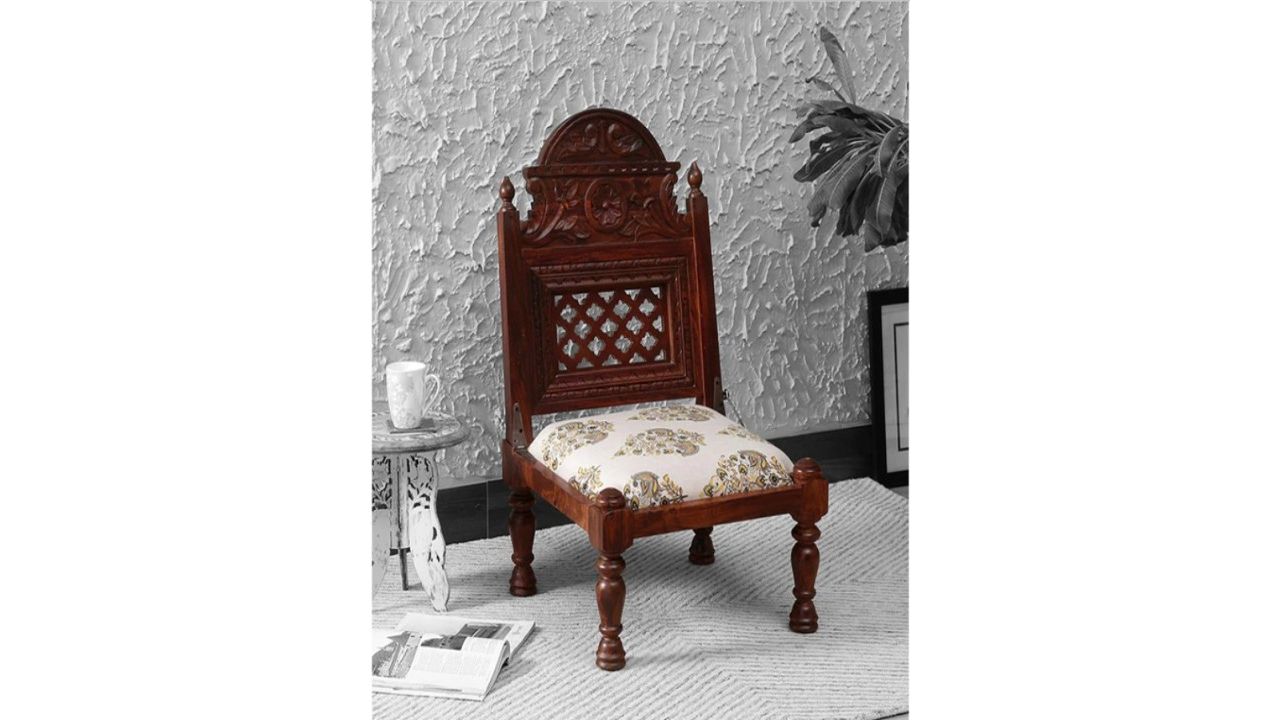 GLOBALLY INDIAN Beige & Brown Wooden Carved Accent-Style Lounge Chair