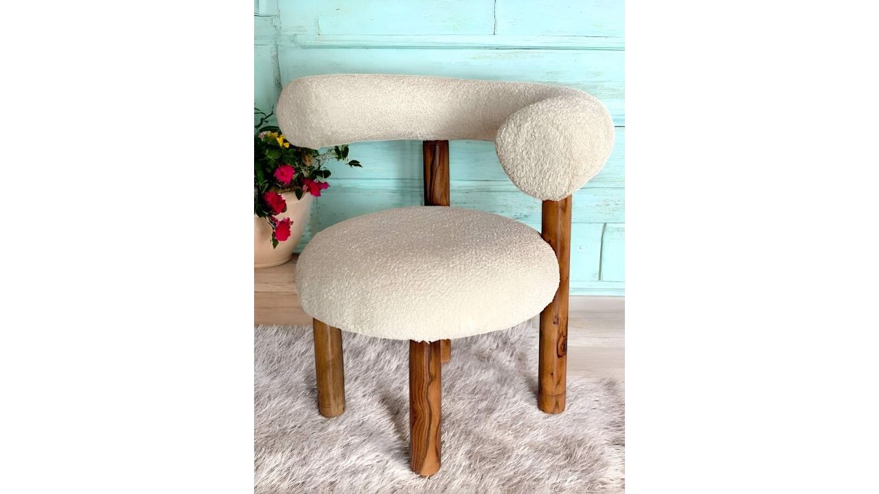 Ikiriya Sheesham Wood Mid Century Lounge Chair In Off White Soft Boucle Fabric Upholstery