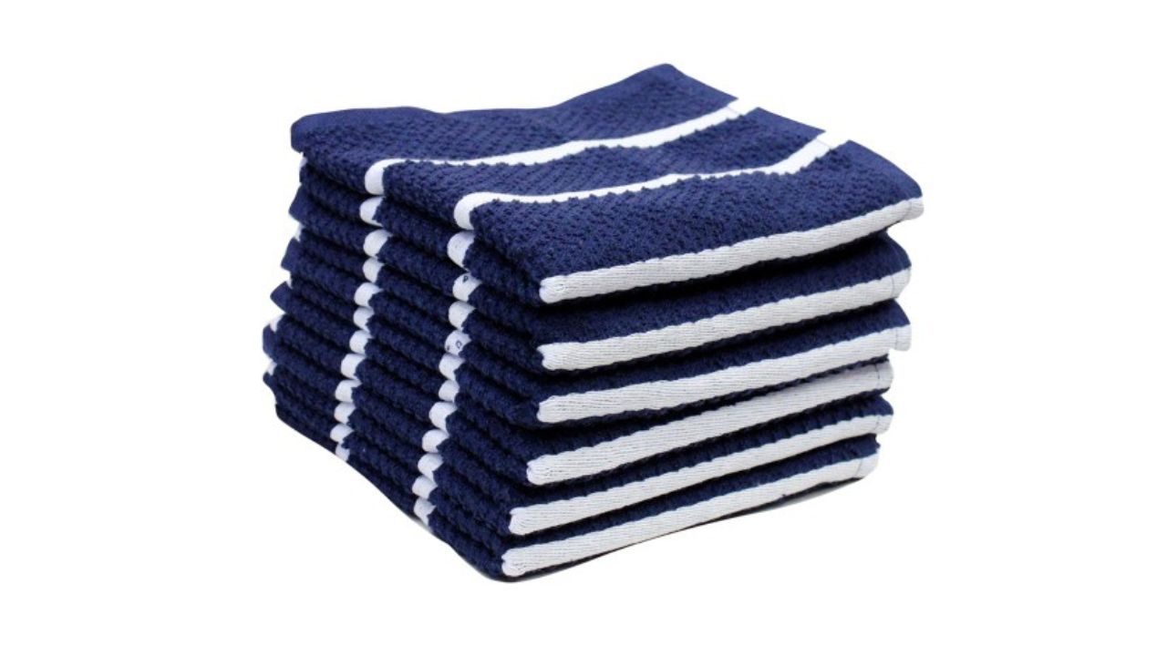 Lushomes Blue Set Of 6 Striped 360 GSM Cotton Kitchen Towels