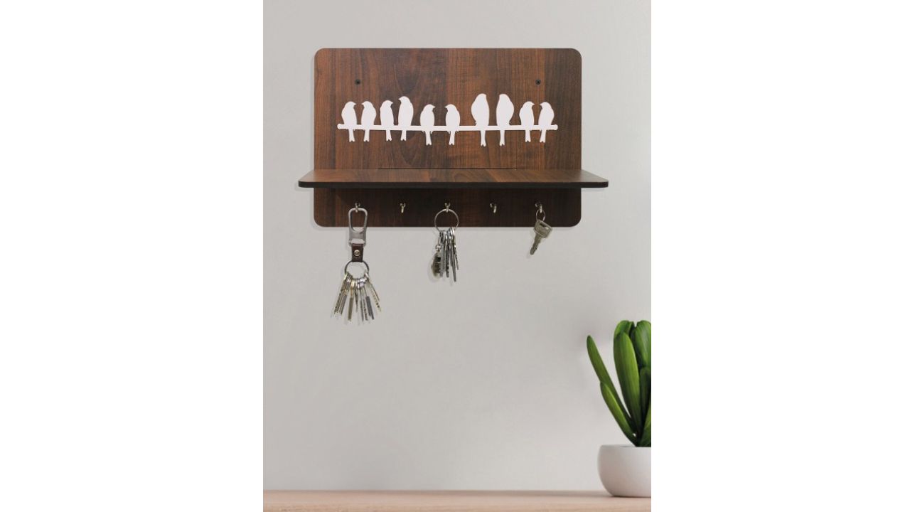 RANDOM Coffee Brown Ten Birds Textured Key Holder With 5 Hooks