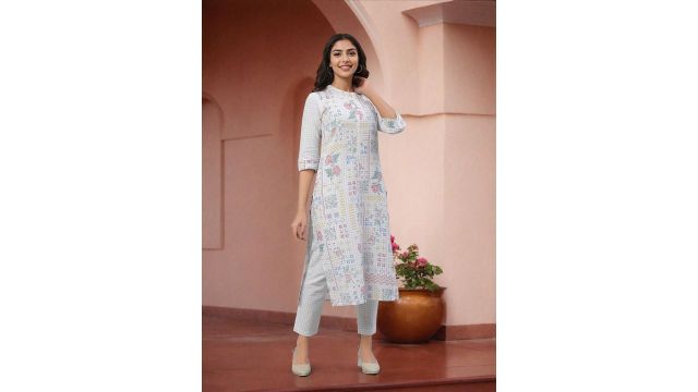 AURELIA Geometric Printed Band Collar Straight Kurta with Trousers