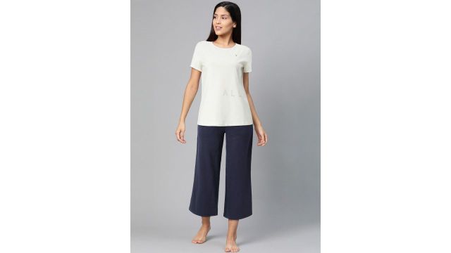 Allen Solly Woman Navy Blue Solid Pure Cotton Lounge Pants