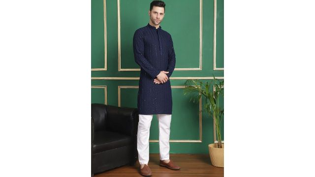 Anouk Navy Blue Geometric Embroidered Sequinned Kurta with Pyjamas