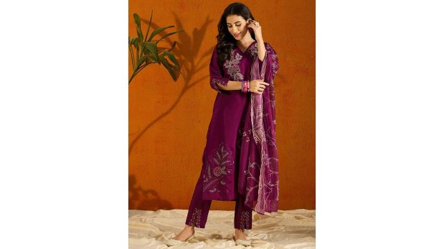 Anouk Violet Embroidered Regular Straight Kurta With Trousers & Dupatta