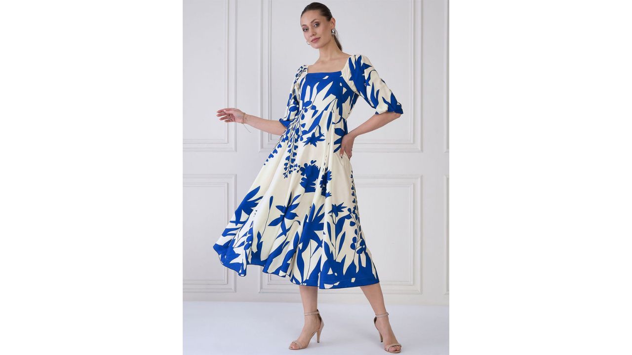 Antheaa Tie and Dye Print Puff Sleeve Crepe A-Line Midi Dress