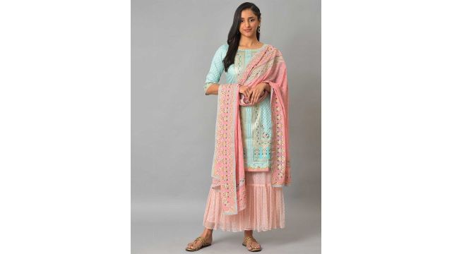 Aurelia Women Blue Floral Print Viscose Kurta Set with Sharara & Dupatta