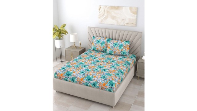 BOMBAY DYEINGDream Lover Sea Green Floral Pure Cotton 104 TC Double Coarse Bedsheet with 2 Pillow Covers-100 x 88 inches