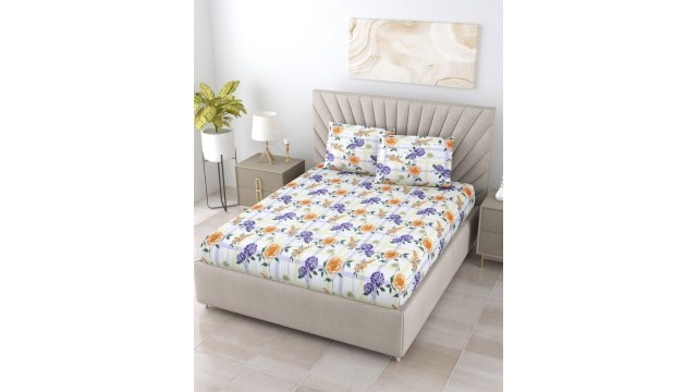 BOMBAY DYEINGFlorentine White Floral Pure Cotton 144 TC Queen Bedsheet with 2 Pillow Covers-90 x 100 inches