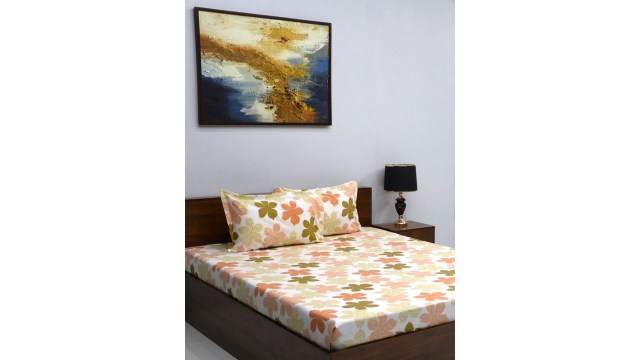 BOMBAY DYEINGMimosa White Floral Microfiber 160 TC Queen Bedsheet with 2 Pillow Covers-88 x 100 inches
