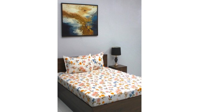 BOMBAY DYEINGYellow Floral Microfiber 144 TC Queen Bedsheet with 2 Pillow Covers-87 x 94 inches