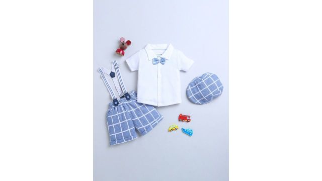 BUMZEE Boys Pure Cotton Clothing Set With Bow Suspender & Cap