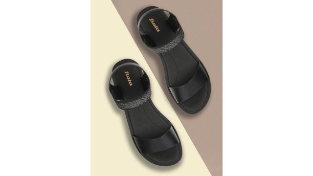 Bata Black Embellished Wedge Sandals
