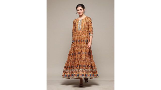 Biba Ethnic Motifs Printed Fit & Flare Tiered Cotton Ethnic Dress
