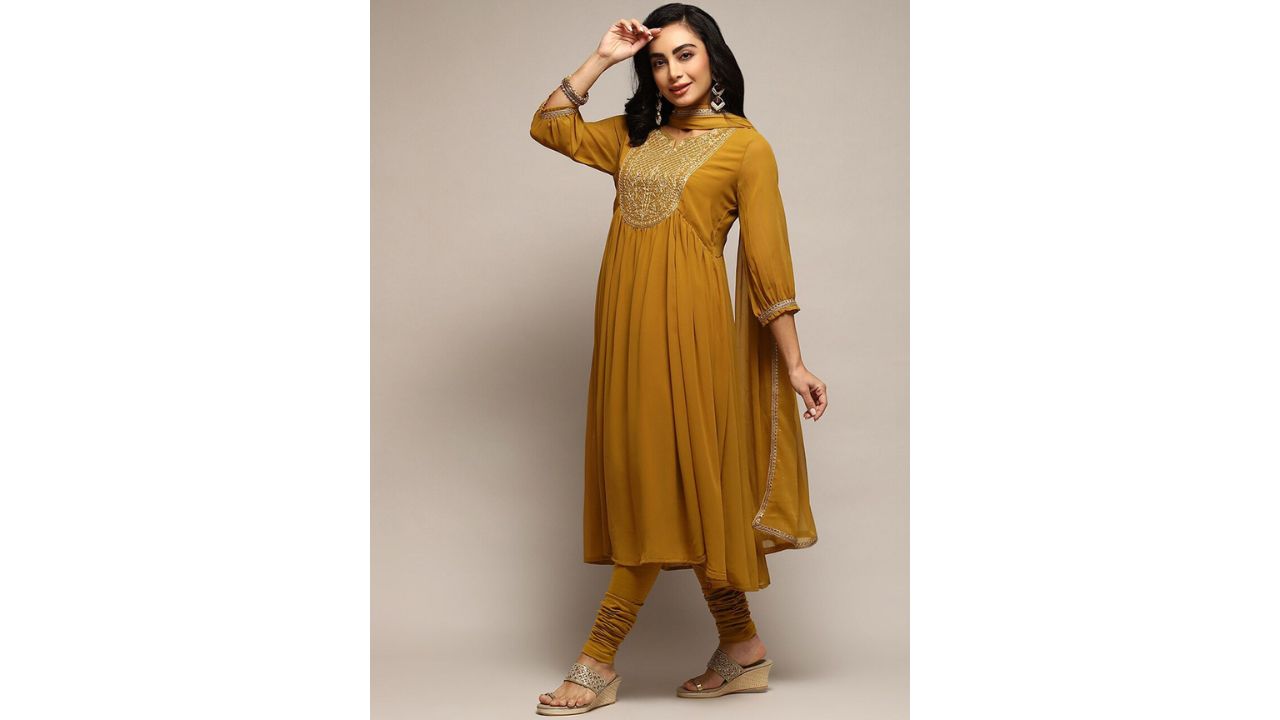 Biba Ethnic Motifs Yoke Design Empire Thread Work Anarkali Kurta & Churidar With Dupatta