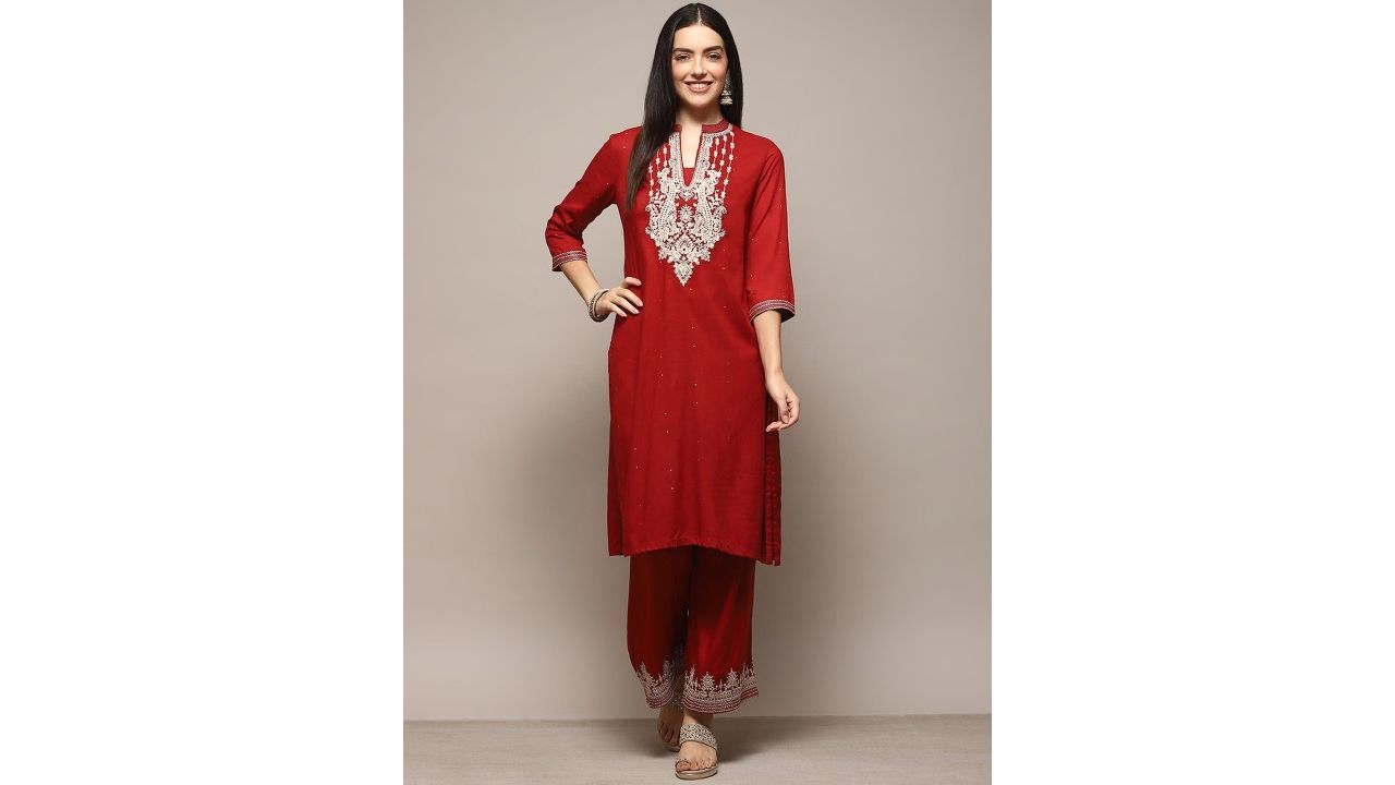 Biba Ethnic Motifs Yoke Design Straight Kurta With Palazzos