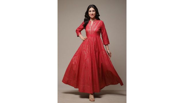 Biba Red & Gold-Toned Ethnic Motifs Maxi Dress