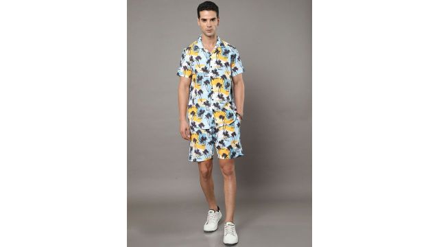 Bushirt Tropical Printed Lapel Collar Short Sleeves Shirt With Shorts