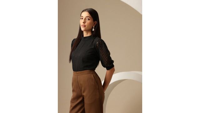 Chemistry Mandarin Collar Puff Sleeve Georgette Top