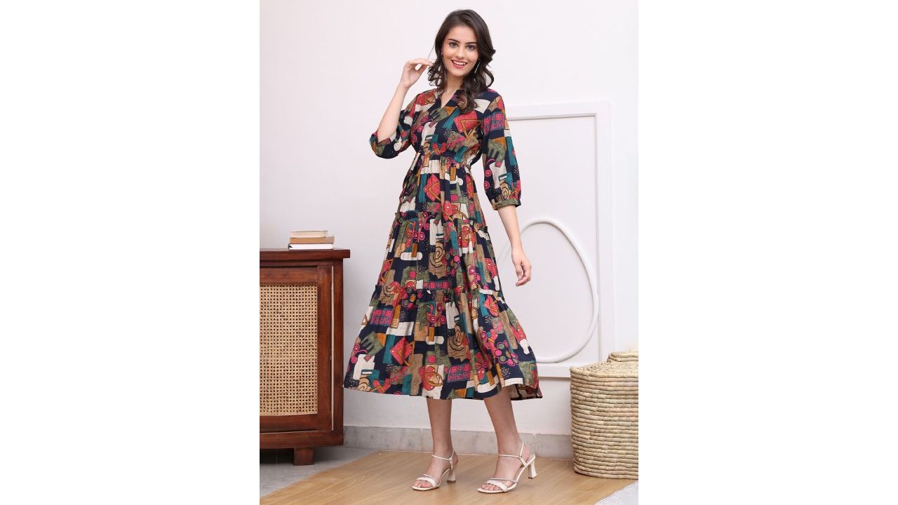Claura Women Abstract Printed Mandarin Collar A-Line Dress