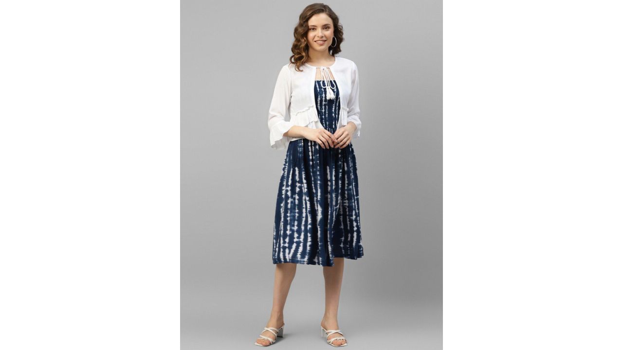 DEEBACO Tie and Dye Smocked Fit & Flare Dress With Shrug