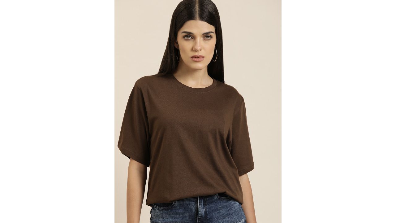 DILLINGER Women Brown Solid Pure Cotton Oversized T-shirt