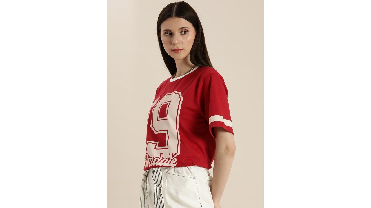 DILLINGER Women Red & Beige Varsity Printed T-shirt