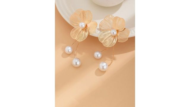 DIVASTRI Gold Plated Pearls Beaded Floral Korean Drop Earrings
