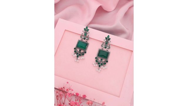 DIVASTRI Silver-Plated Artificial Stone Studded Contemporary Shaped Drop Earrings