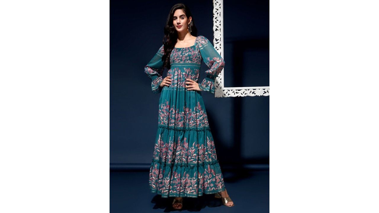 DRAPE AND DAZZLE Floral Printed Smocked Maxi Dress