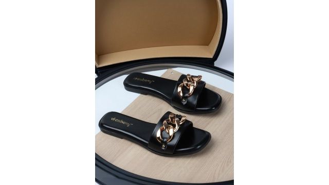 DressBerry Black Embellished Open Toe Flats