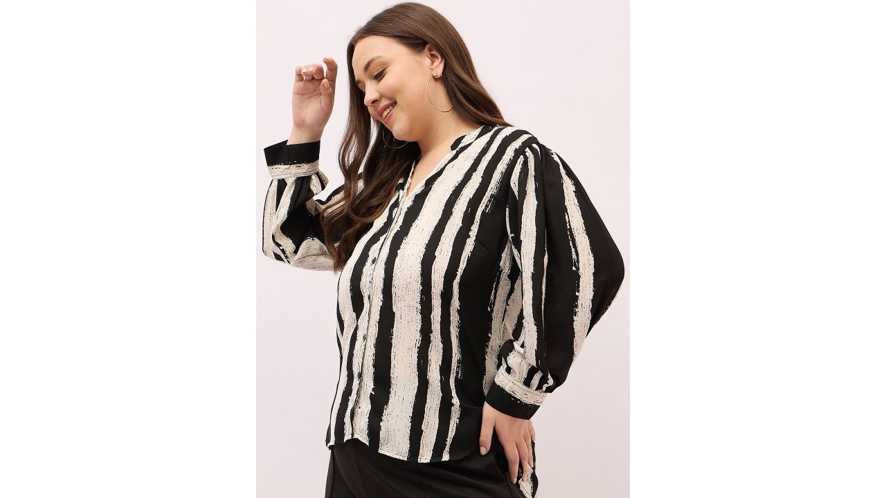 DressBerry Curve Women Classic Mandarin Collar Multi Striped Casual Shirt