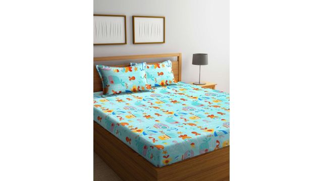 FABINALIV Rose Garden Blue Conversational Cotton 300 TC King Bedsheet