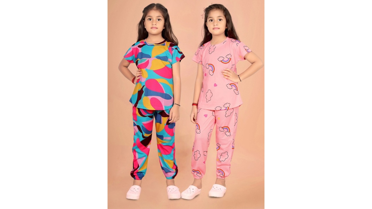 FEBVIBEGirls Pack Of 2 Printed T-shirt With Pyjamas