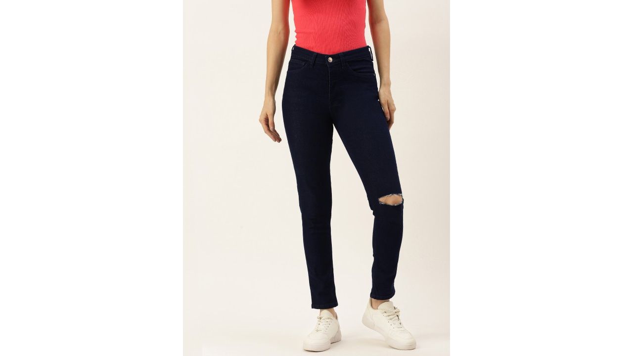 FOREVER 21 Women Navy Blue Slash Knee Jeans