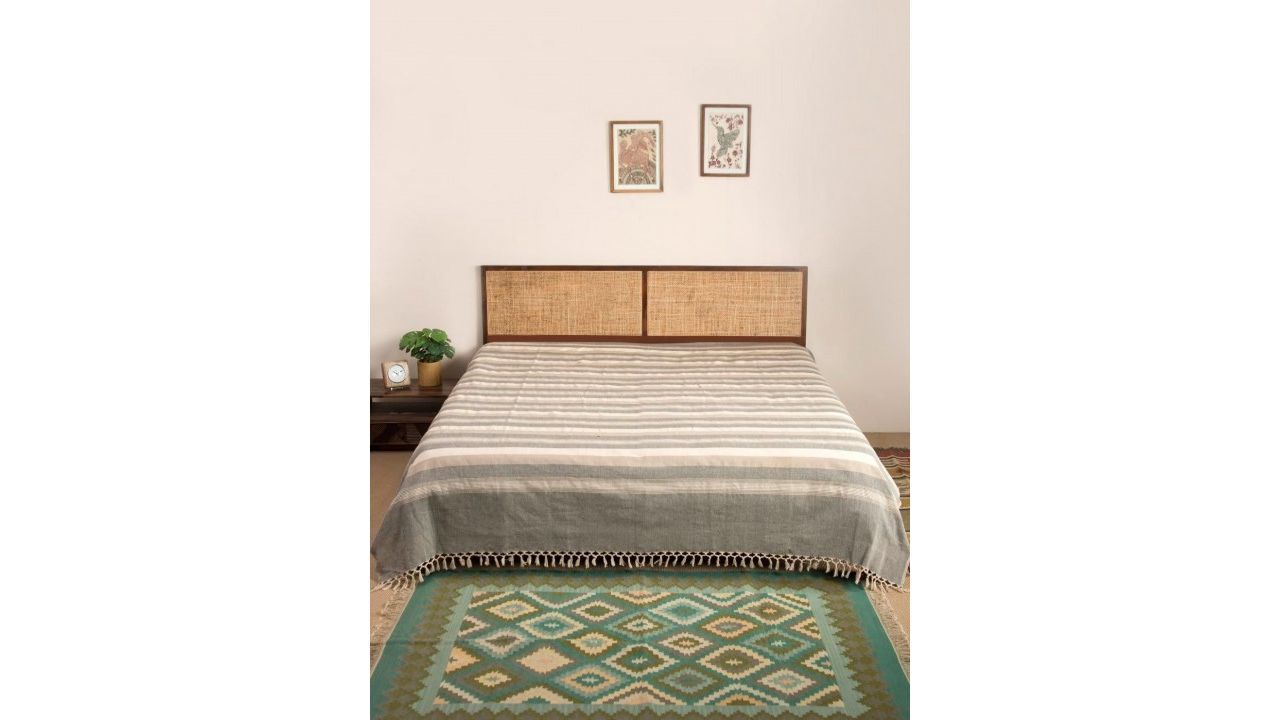 FabIndia Sangam Beige & Grey Striped Woven Single Bed Cover