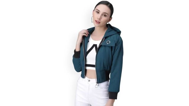 Funday Fashion Women Solid Crop Bomber Jacket