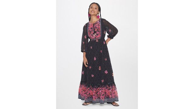 Global Desi Floral Printed Puff Sleeve Tie Up Maxi Dress