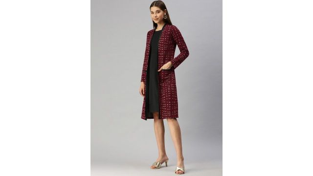 Global Desi Maroon & Gold-Toned Checked Shawl Collar Jacket Jumper Dress