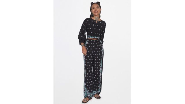 Global Desi Printed Crop Top With Trousers