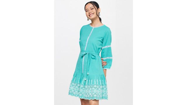 Global Desi Puff Sleeves Belted A-Line Cotton Dress