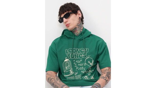 HIGHLANDER Men Printed Hooded Neck Cotton Blend Green T-Shirt