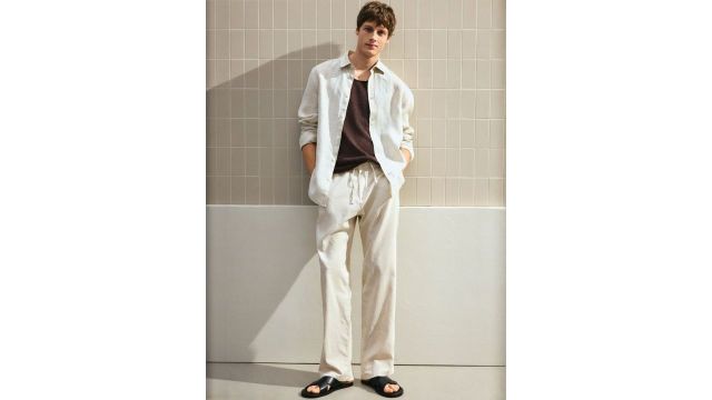 H&M Men Regular Fit Linen-Blend Trousers