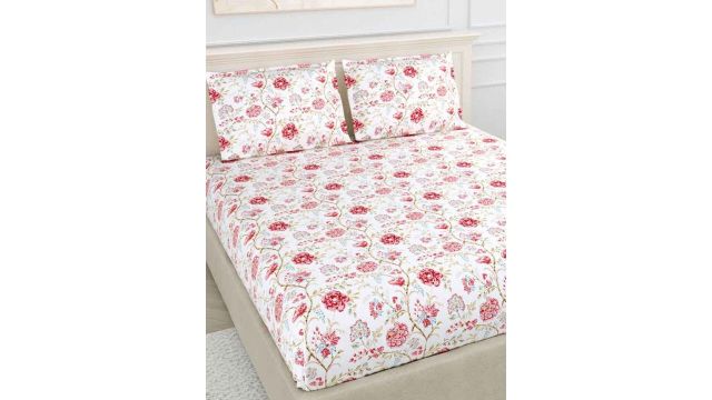 Haus & Kinder Modern Heritage White Floral Pure Cotton 186 TC Queen Bedsheet