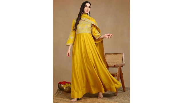 House of Pataudi Embroidered Round Neck Anarkali Ethnic Dress