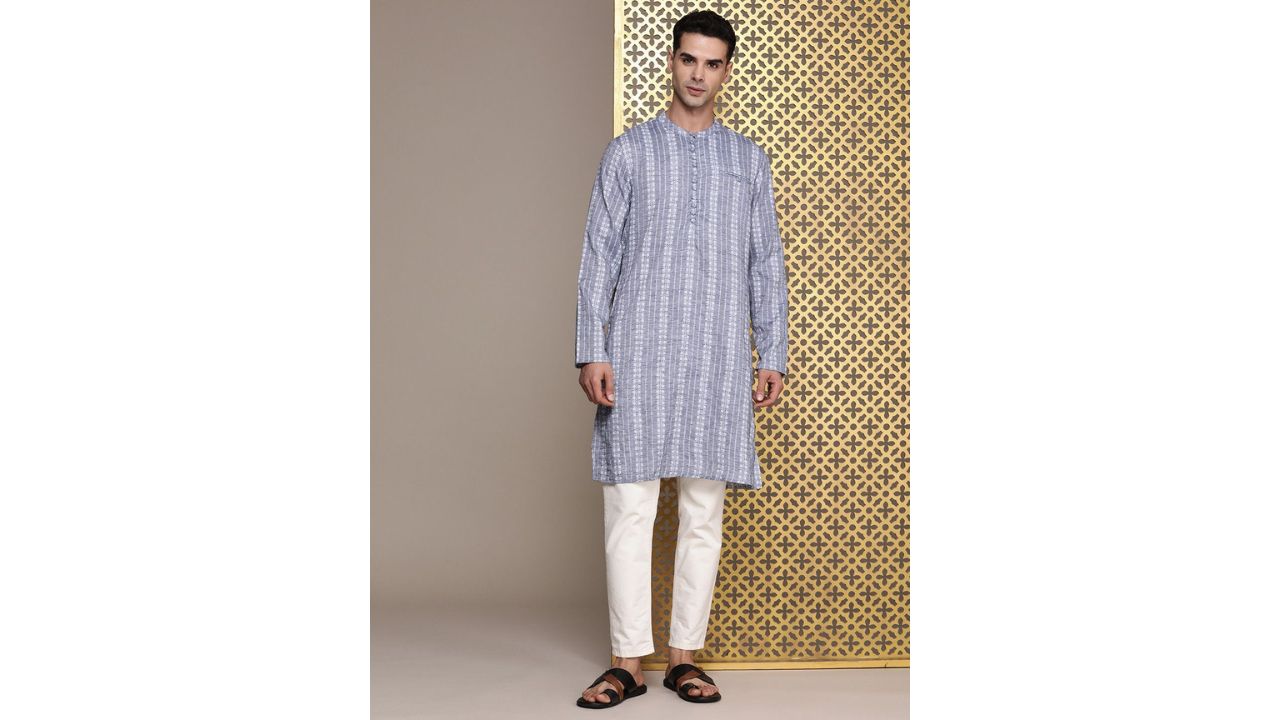 House of Pataudi Woven Design Band Collar Rozana Kurta