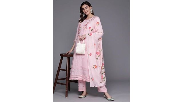 INDO ERA Straight Embroidered Silk Blend Kurta Trouser Set