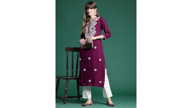 INDO ERA Womens Viscose Rayon Straight Fit Embroidered Kurta